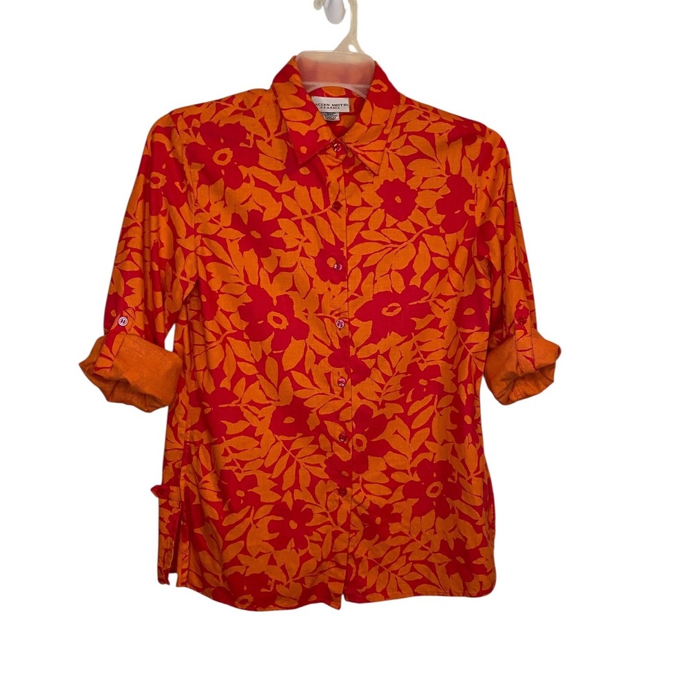 Jaclyn Smith Classic Orange Red Tropical Linen Blend Roll Tab Button Down Small
